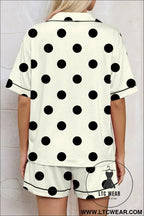 Beige polka dot print lapel shirt drawstring 2pcs short pajama set - sleepwear