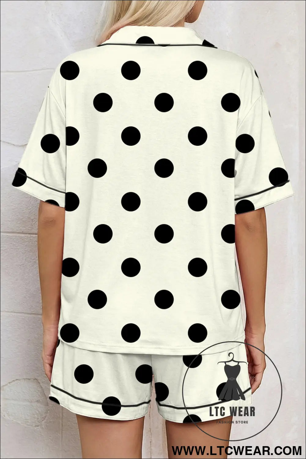 Beige polka dot print lapel shirt drawstring 2pcs short pajama set - sleepwear