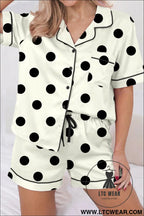 Beige polka dot print lapel shirt drawstring 2pcs short pajama set - beige / l / 95% polyester + 5% elastane - sleepwear