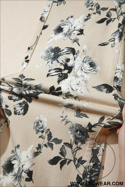 Beige Retro Floral Print Turn-up Cuffed Hem Loose Jeans - L.T.C Wear Online Fashion Store