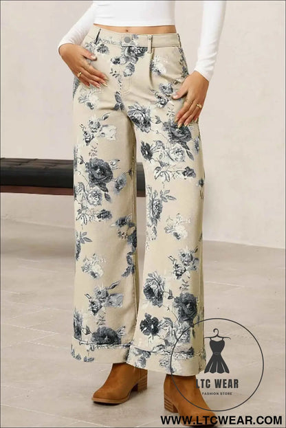 Beige Retro Floral Print Turn-up Cuffed Hem Loose Jeans