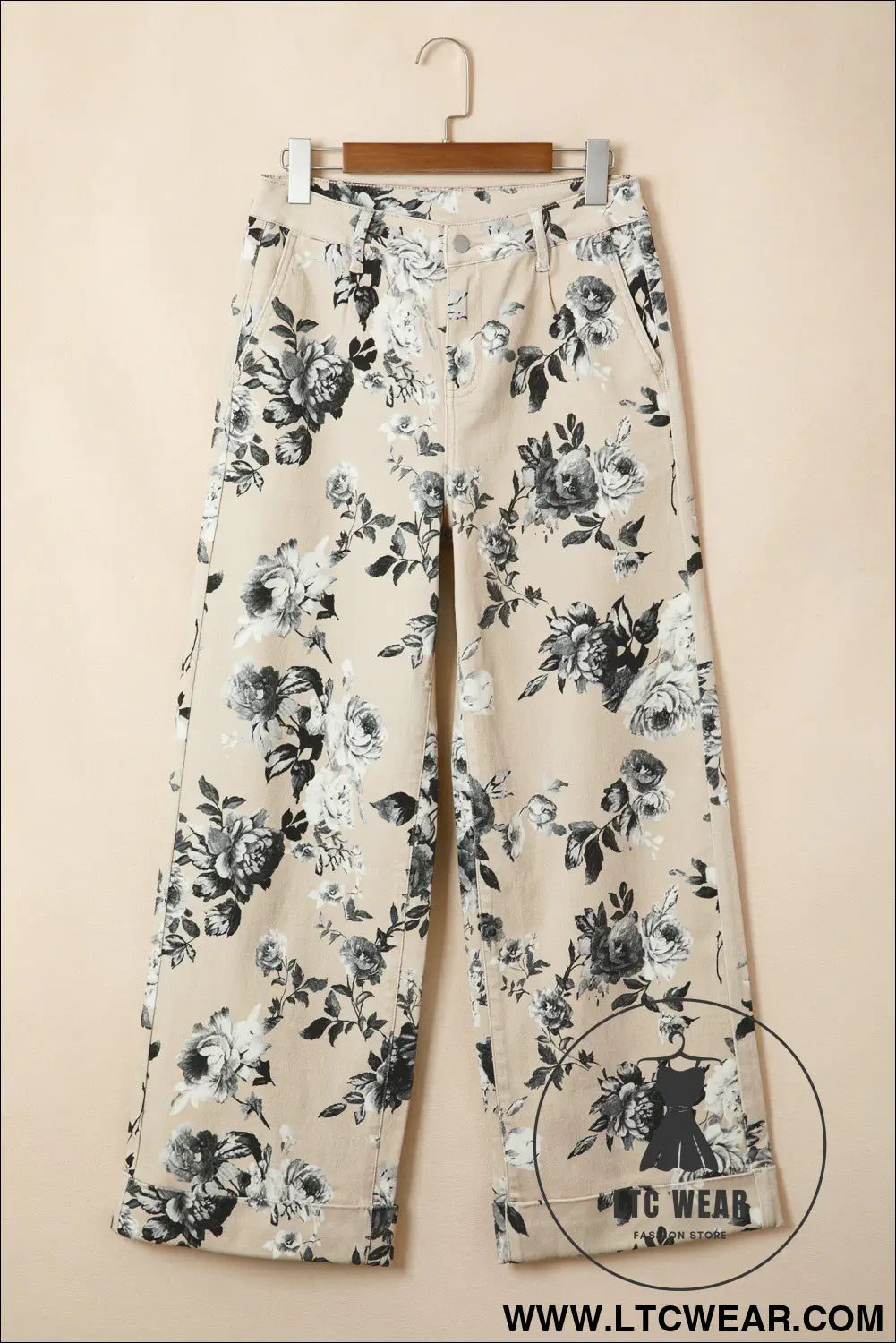 Beige Retro Floral Print Turn-up Cuffed Hem Loose Jeans - L.T.C Wear Online Fashion Store