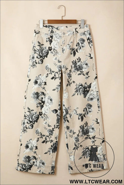 Beige Retro Floral Print Turn-up Cuffed Hem Loose Jeans - L.T.C Wear Online Fashion Store