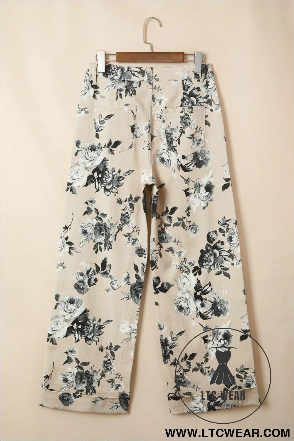 Beige Retro Floral Print Turn-up Cuffed Hem Loose Jeans - L.T.C Wear Online Fashion Store