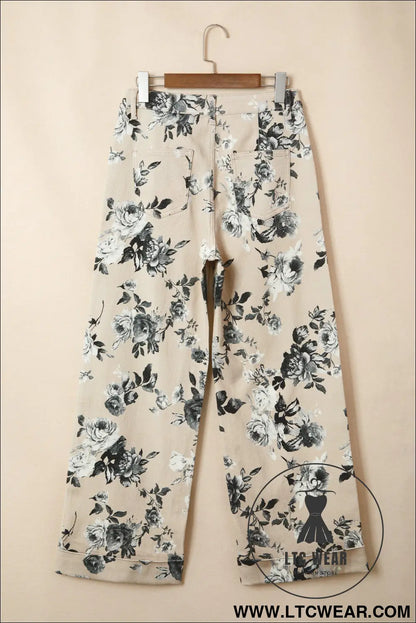Beige Retro Floral Print Turn-up Cuffed Hem Loose Jeans - L.T.C Wear Online Fashion Store