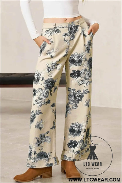 Beige Retro Floral Print Turn-up Cuffed Hem Loose Jeans