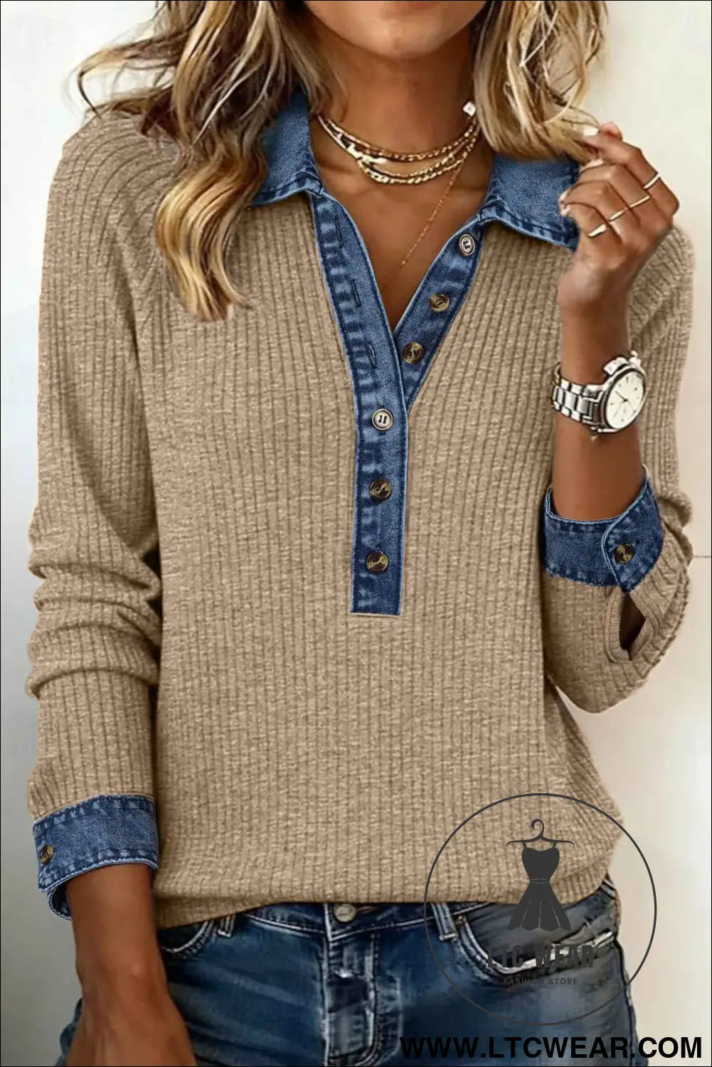Beige Ribbed Knit Denim Patchwork Button Polo Collar Cuffed Long Sleeve Top