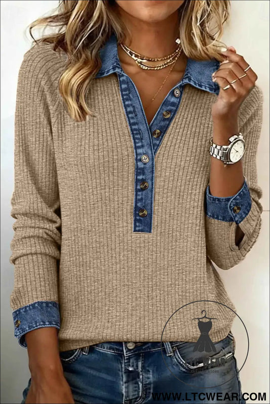 Beige Ribbed Knit Denim Patchwork Button Polo Collar Cuffed Long Sleeve Top
