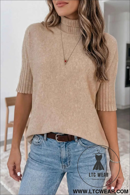 Beige Ribbed Trim High Neck Short Sleeve Casual Sweater