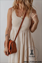 Beige scoop neck ribbed pleated sleeveless midi dress - 15%