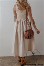 Beige scoop neck ribbed pleated sleeveless midi dress - 15%