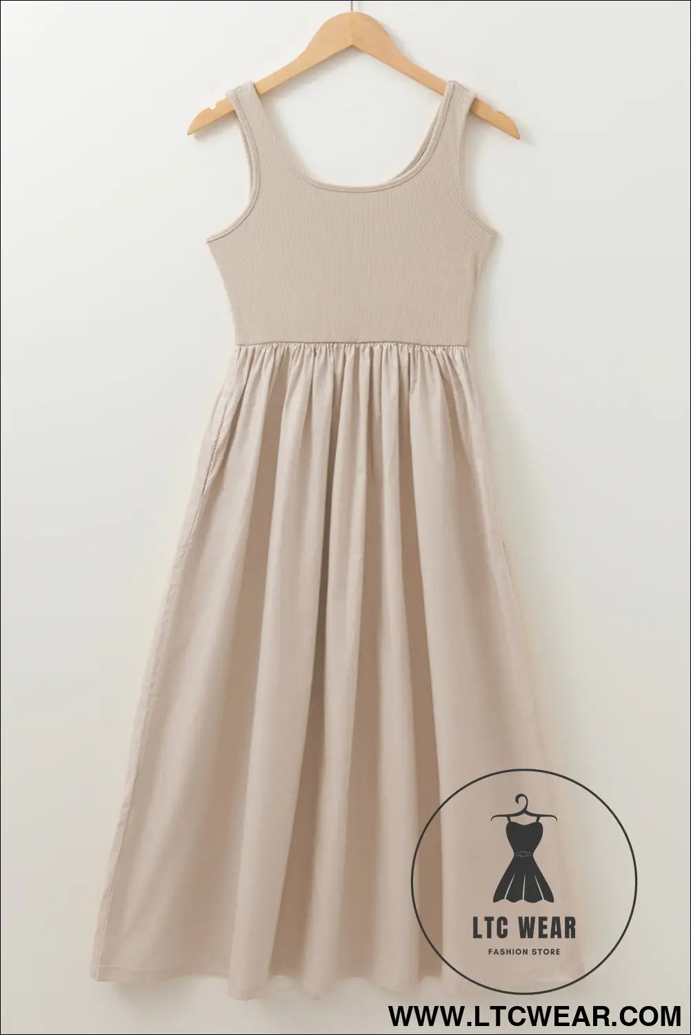 Beige scoop neck ribbed pleated sleeveless midi dress - 15%