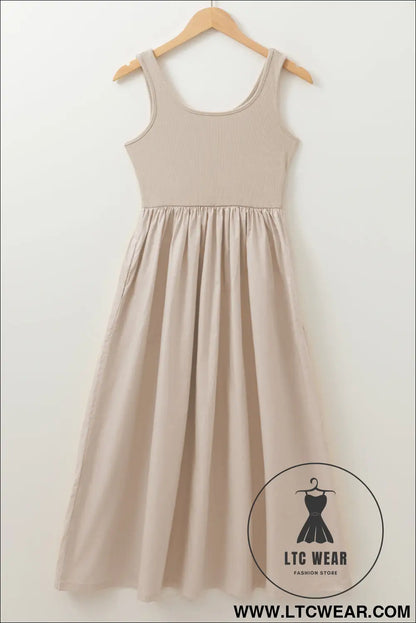 Beige scoop neck ribbed pleated sleeveless midi dress - 15%