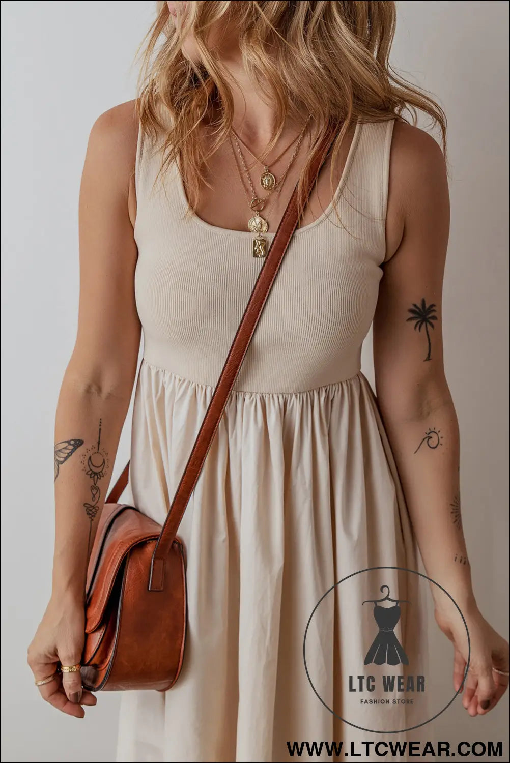 Beige scoop neck ribbed pleated sleeveless midi dress - 15%
