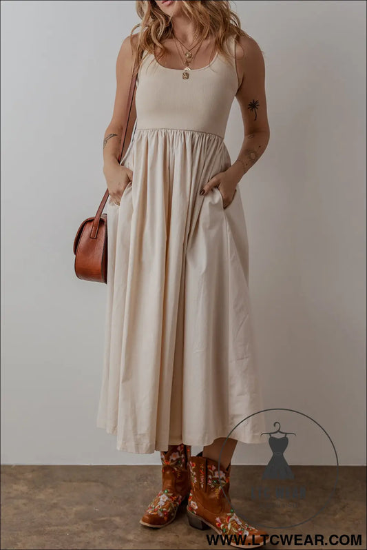 Beige scoop neck ribbed pleated sleeveless midi dress - beige / l / 100% cotton - 15%