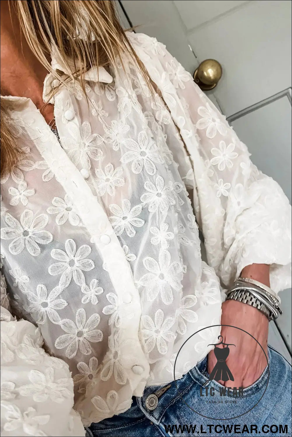 Beige Sheer Jacquard Floral Button-Down Long Sleeve Shirt