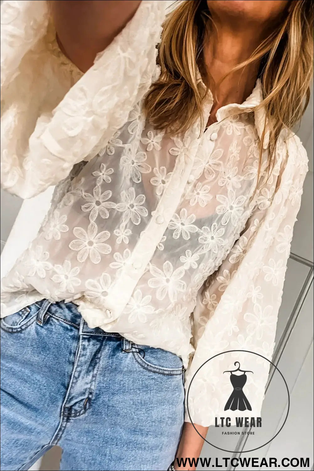 Beige Sheer Jacquard Floral Button-Down Long Sleeve Shirt