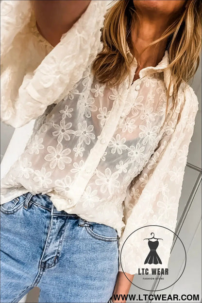 Beige Sheer Jacquard Floral Button-Down Long Sleeve Shirt