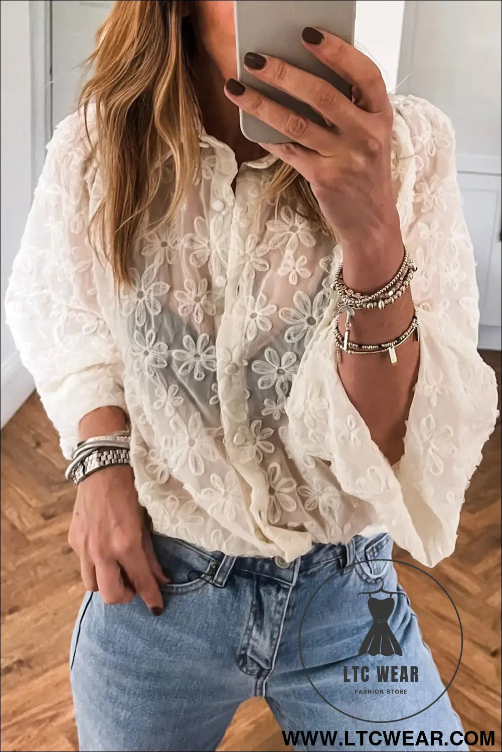 Beige Sheer Jacquard Floral Button-Down Long Sleeve Shirt