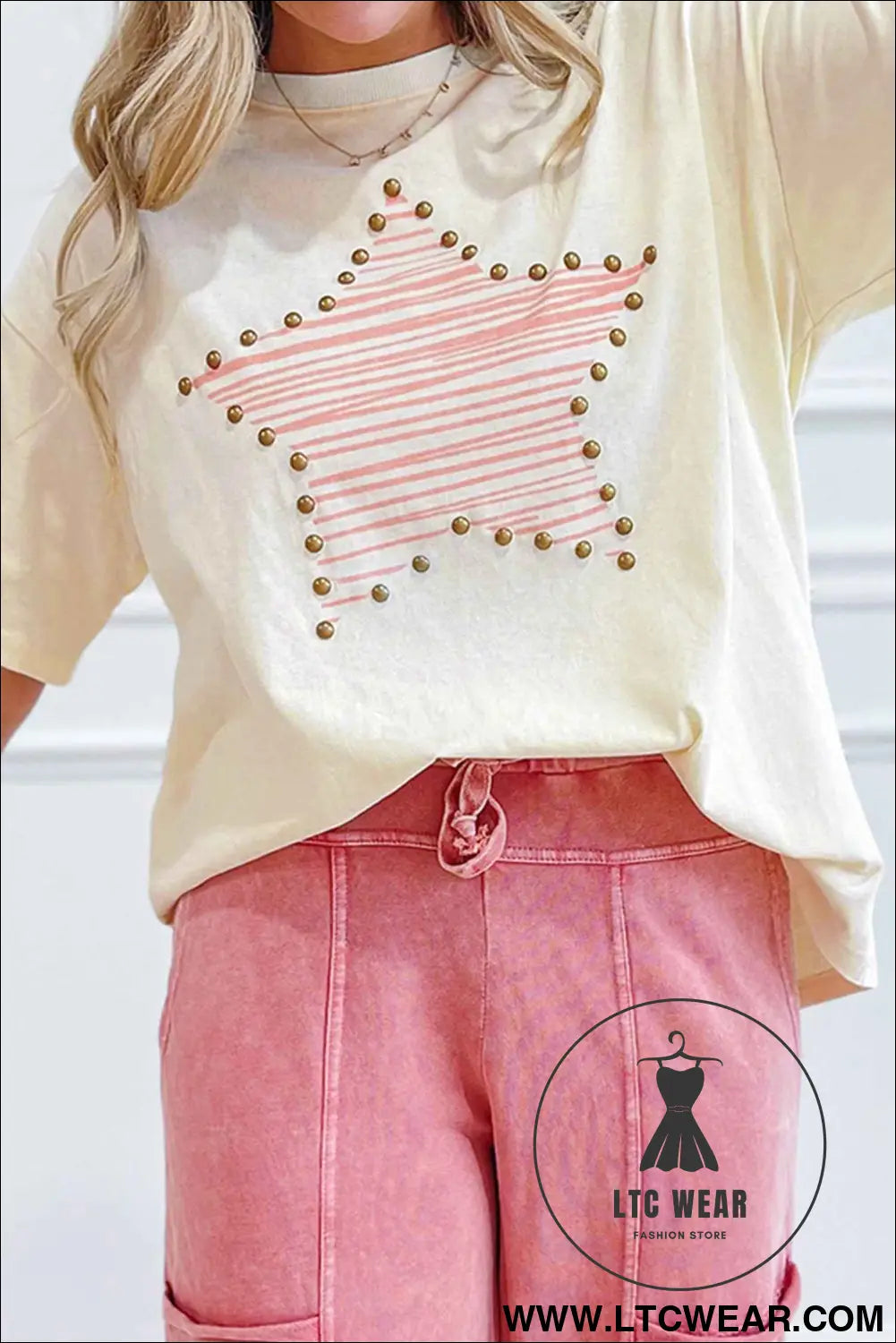 Beige Star Print Stud Detail Cotton Jersey Top