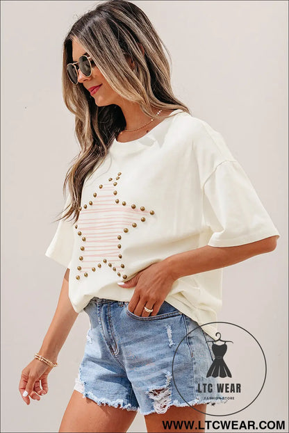Beige Star Print Stud Detail Cotton Jersey Top - L.T.C Wear Online Fashion Store