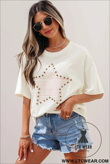Beige Star Print Stud Detail Cotton Jersey Top
