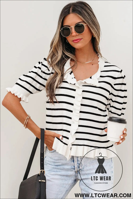 Beige Stripe Ruffle Trim Button Down Knit Short Sleeve Sweater Cardigan