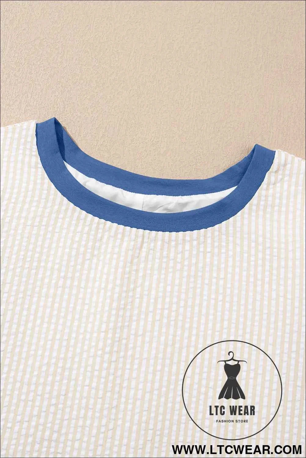 Beige Stripe Seersucker Contrast Round Neck Puff Sleeve T Shirt Dress