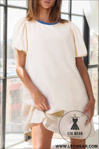 Beige Stripe Seersucker Contrast Round Neck Puff Sleeve T Shirt Dress