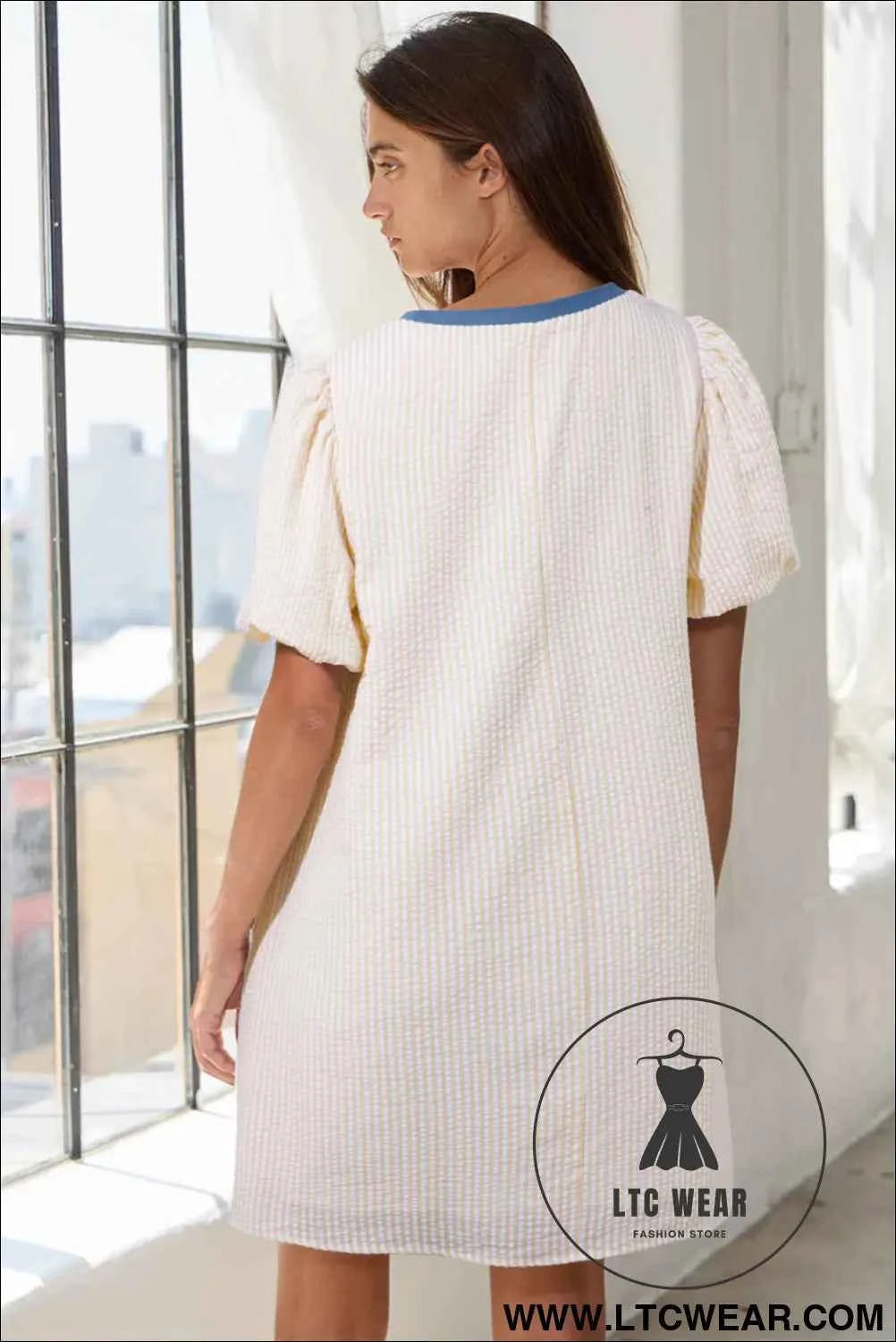 Beige Stripe Seersucker Contrast Round Neck Puff Sleeve T Shirt Dress