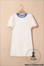 Beige Stripe Seersucker Contrast Round Neck Puff Sleeve T Shirt Dress