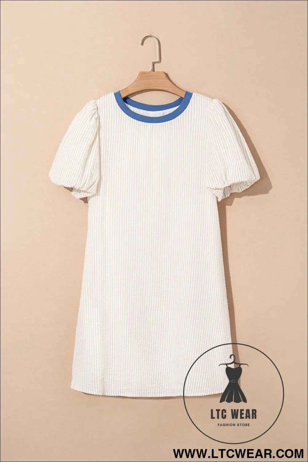 Beige Stripe Seersucker Contrast Round Neck Puff Sleeve T Shirt Dress