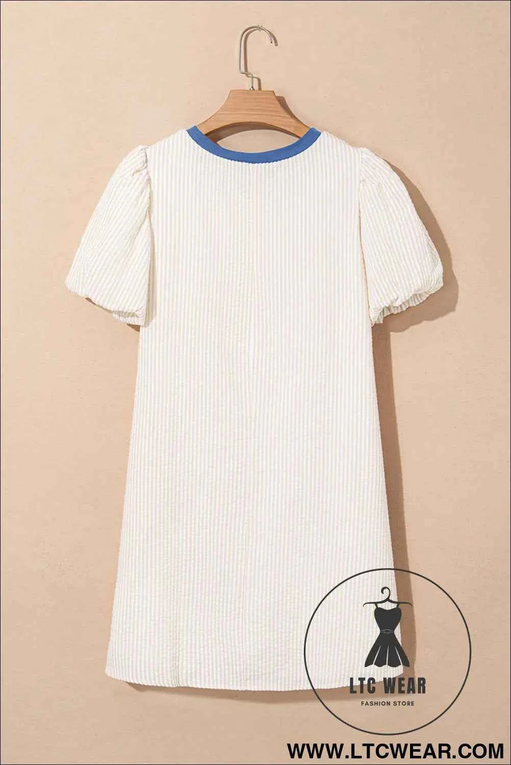 Beige Stripe Seersucker Contrast Round Neck Puff Sleeve T Shirt Dress