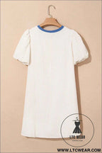 Beige Stripe Seersucker Contrast Round Neck Puff Sleeve T Shirt Dress