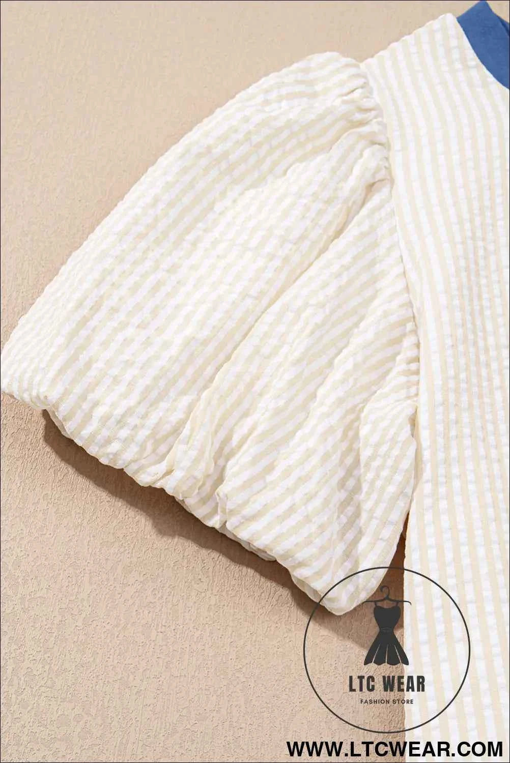 Beige Stripe Seersucker Contrast Round Neck Puff Sleeve T Shirt Dress