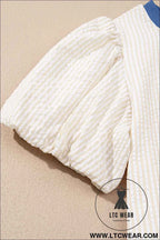 Beige Stripe Seersucker Contrast Round Neck Puff Sleeve T Shirt Dress