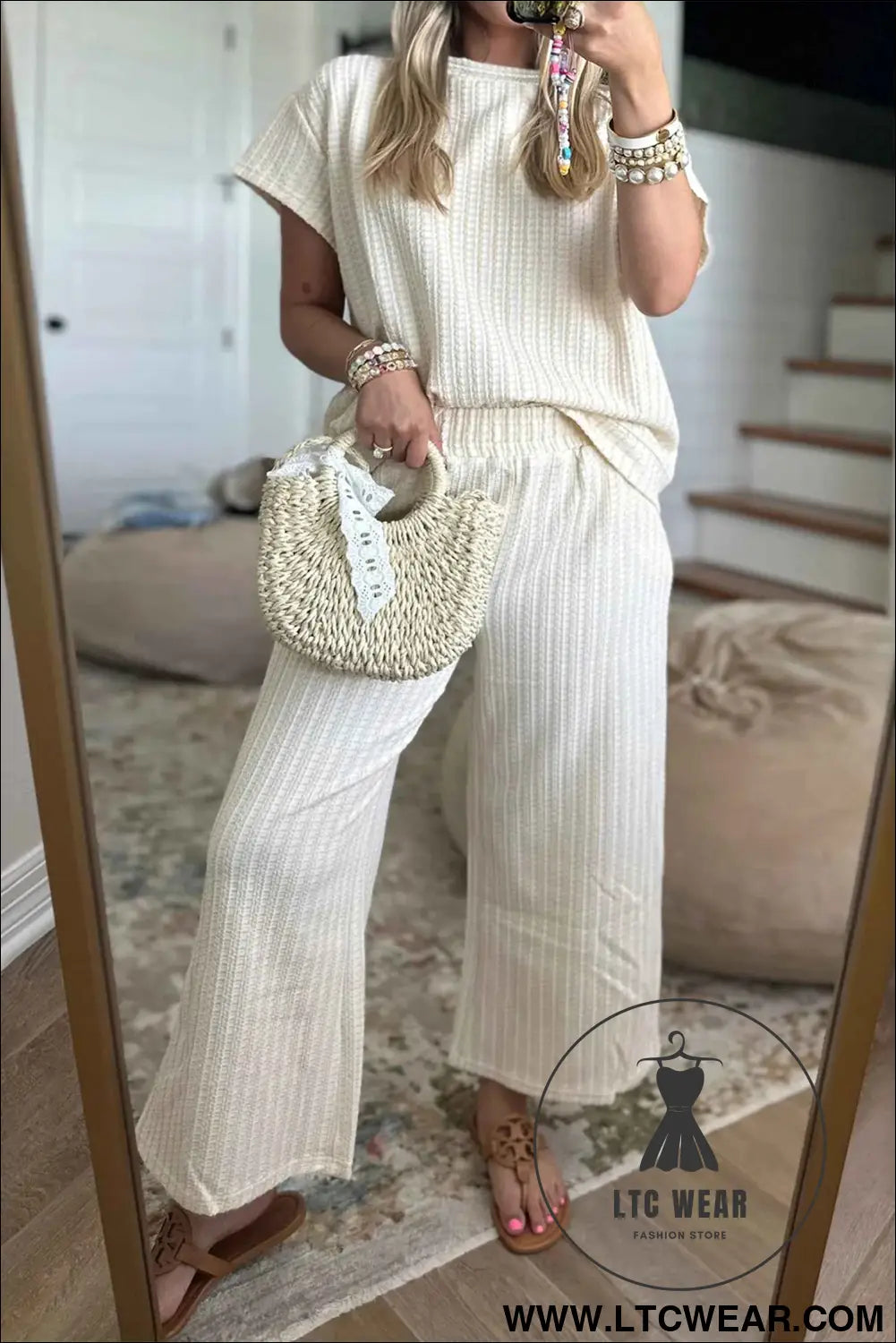 Beige Texture Loose Short Sleeve Top and Cropped Pant Set