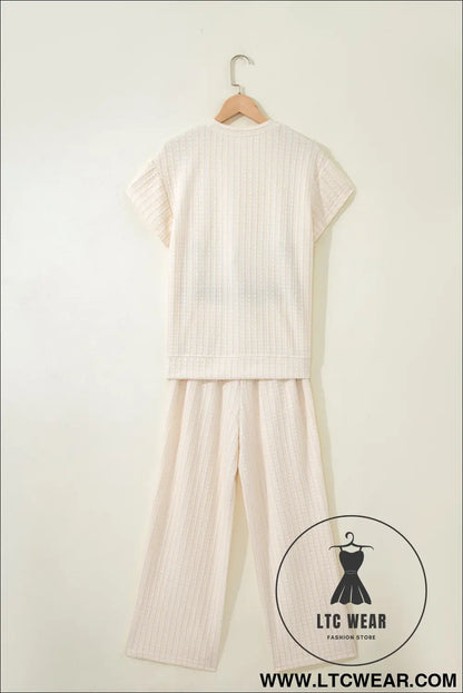 Beige Texture Loose Short Sleeve Top and Cropped Pant Set - L.T.C Wear Online Fashion Store