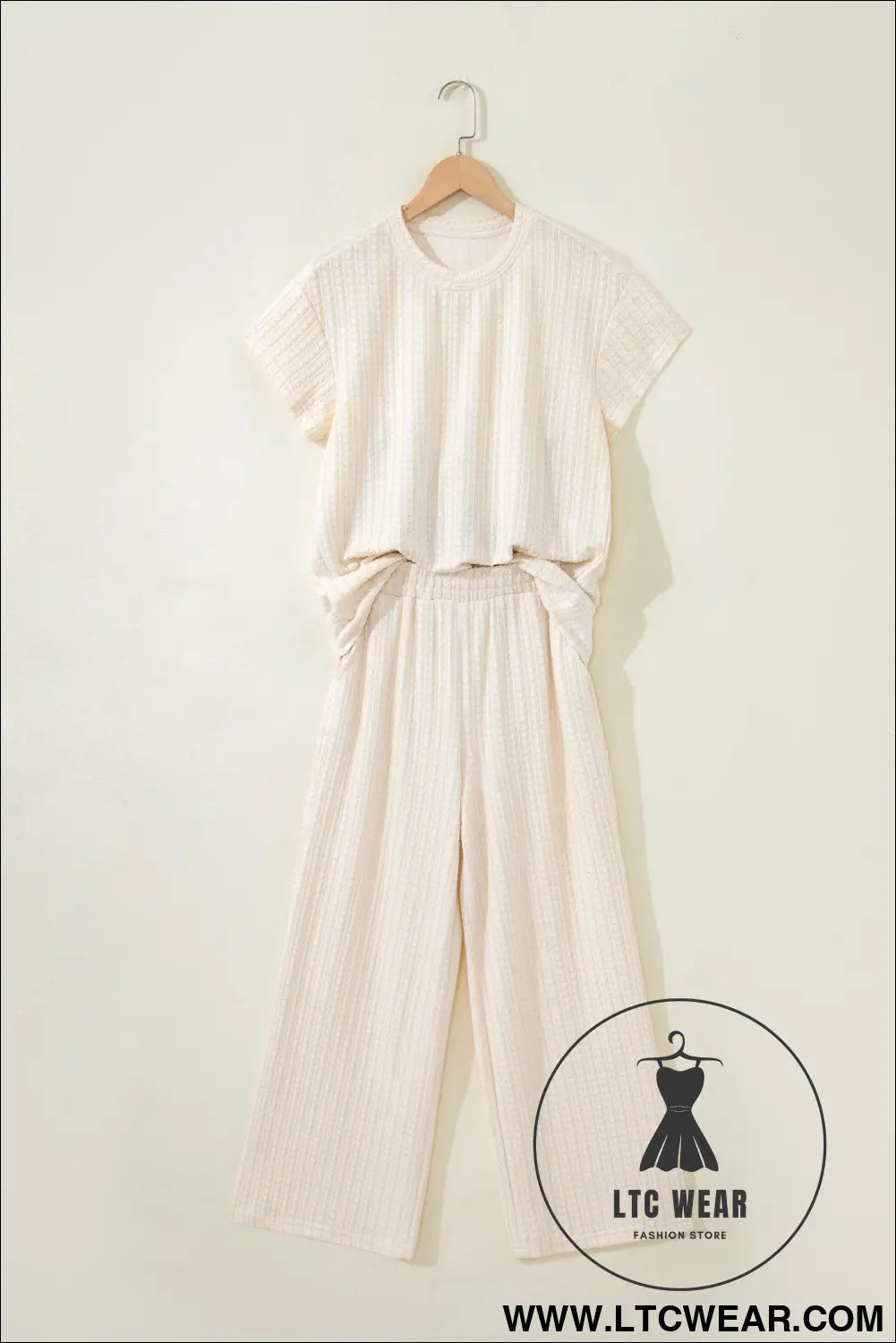 Beige Texture Loose Short Sleeve Top and Cropped Pant Set - L.T.C Wear Online Fashion Store