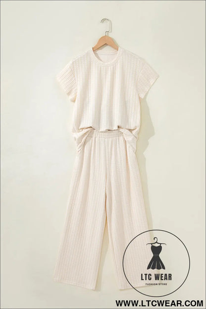 Beige Texture Loose Short Sleeve Top and Cropped Pant Set - L.T.C Wear Online Fashion Store