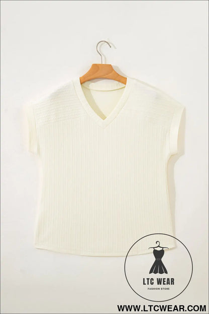 Beige Twisted Texture Knit V Neck T Shirt - L.T.C Wear Online Fashion Store