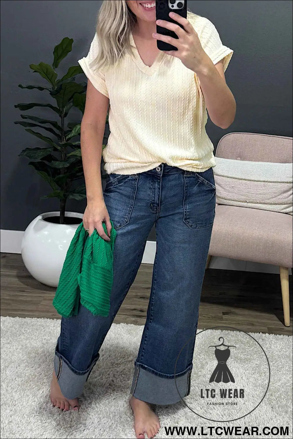 Beige Twisted Texture Knit V Neck T Shirt