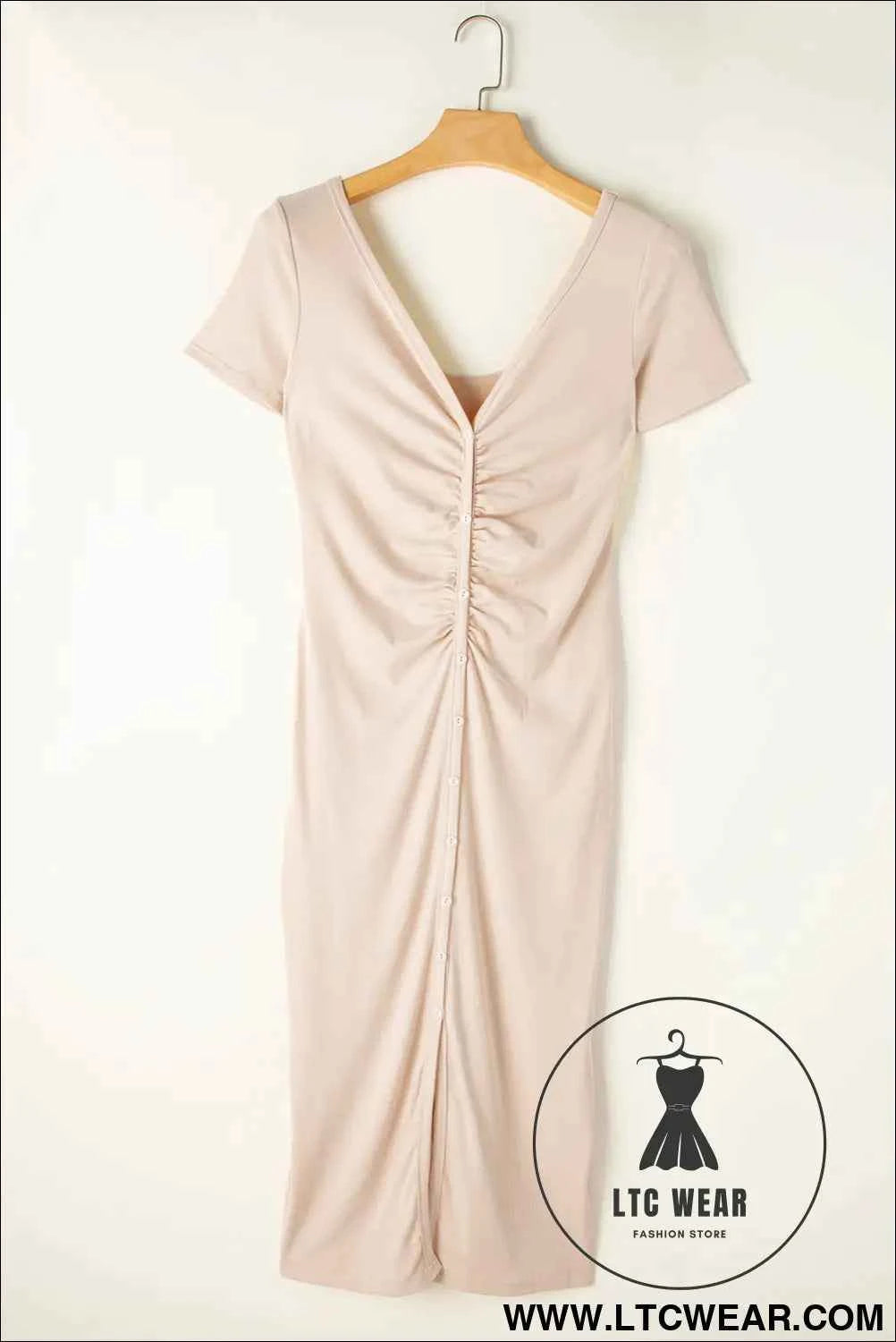 Beige V Neck Ruched Button Front French T-shirt Dress