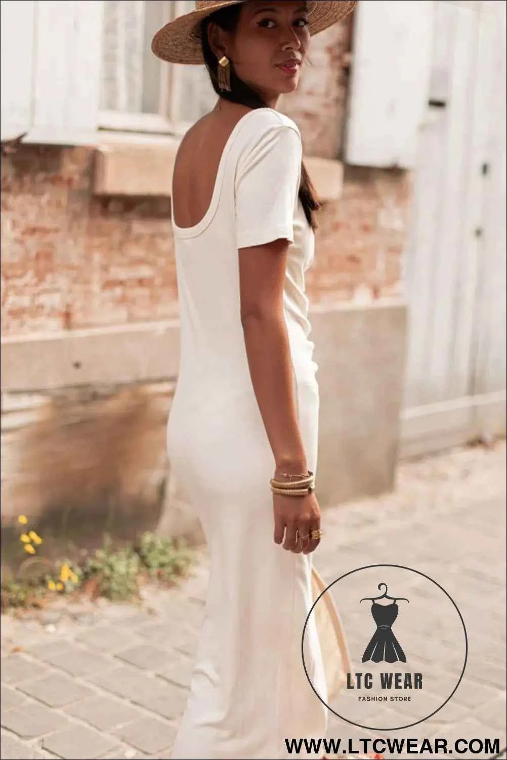 Beige V Neck Ruched Button Front French T-shirt Dress
