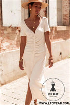 Beige V Neck Ruched Button Front French T-shirt Dress