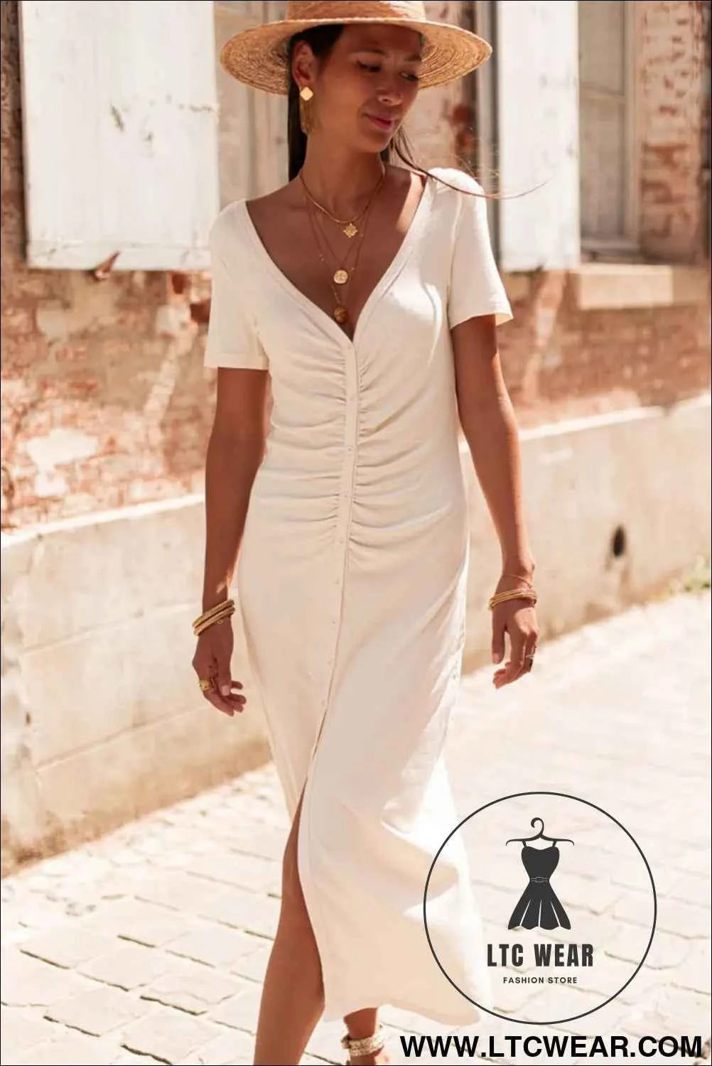 Beige V Neck Ruched Button Front French T-shirt Dress