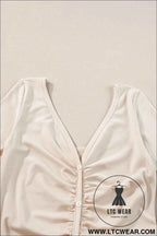 Beige V Neck Ruched Button Front French T-shirt Dress