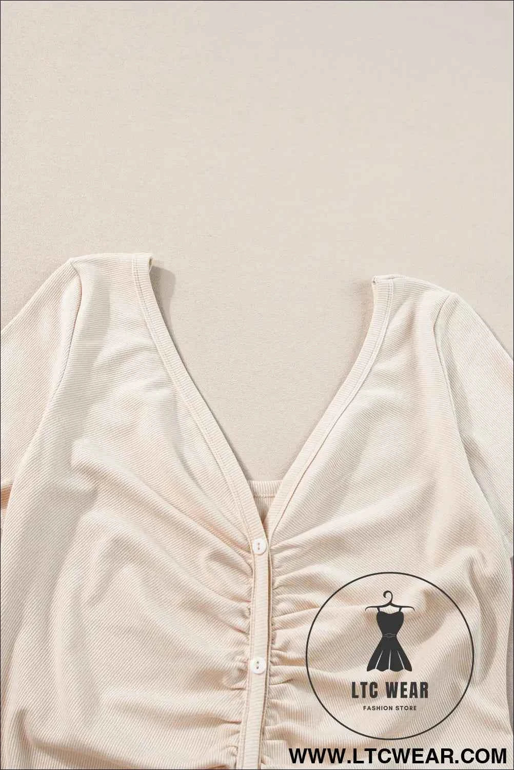 Beige V Neck Ruched Button Front French T-shirt Dress