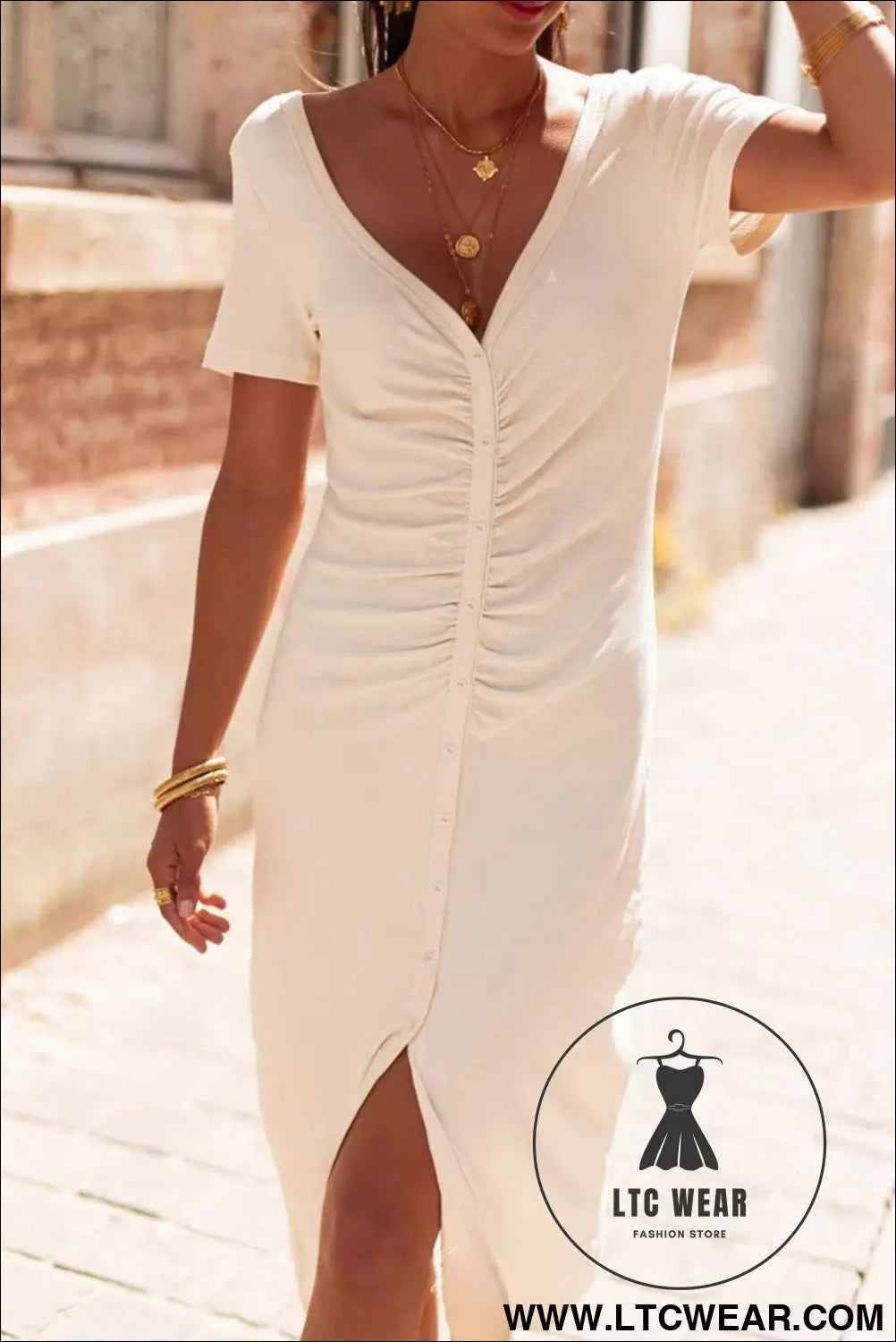 Beige V Neck Ruched Button Front French T-shirt Dress