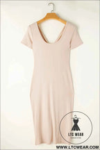 Beige V Neck Ruched Button Front French T-shirt Dress